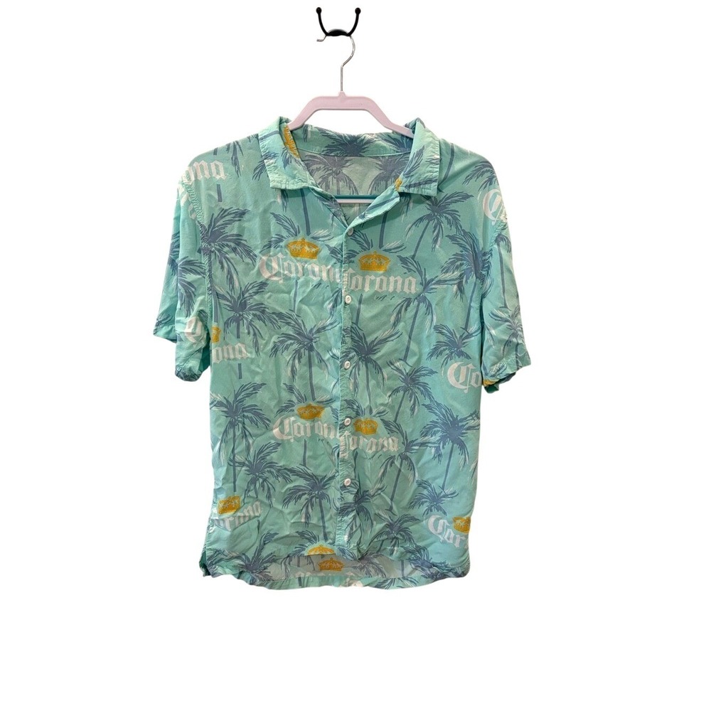 Corona Extra Beer Mens Teal Palm Tree Tropical Button Down Camp Shirt Medium